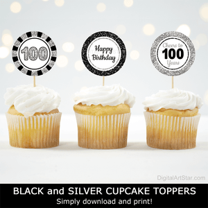 happy 100th birthday cheers to 100 years cupcake toppers black silver glitter