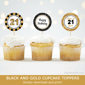 Happy 21st Birthday Cupcake Picks Black Gold White