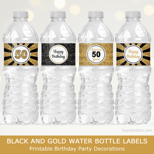Happy 50th Birthday Water Bottle Labels Decorations Black and Gold Glitter