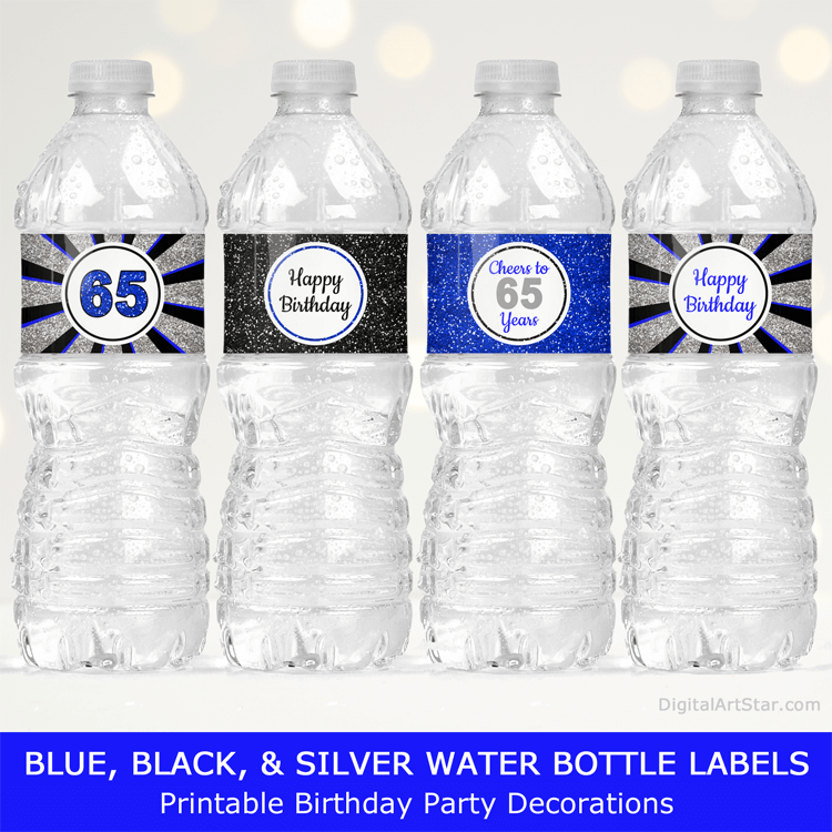 Happy 65th Birthday Water Bottle Decorations for Men Blue Black Gray