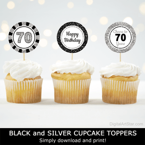 happy 70th birthday cupcake picks in black silver white say 70 happy birthday and cheers to 70 years