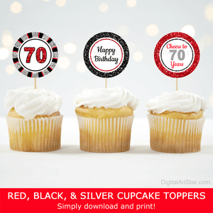 Happy 70th Birthday Cupcake Toppers Red Silver Black
