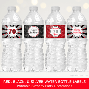 Happy 70th Birthday Water Bottle Labels - Red Black and Silver Glitter