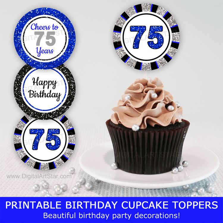 Happy 75th Birthday Cupcake Toppers Royal Blue and Silver and Black