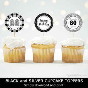 happy 80th birthday cupcake picks black silver white