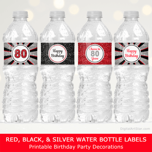 Happy 80th Birthday Water Bottle Labels Red Black and Silver Glitter