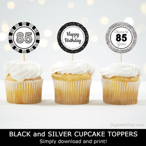 happy 85th birthday cupcake toppers black and silver glitter