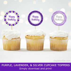 Happy Birthday Cupcake Decorations for Girls Purple Lavender Silver