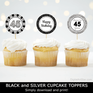 happy birthday cupcake toppers 45th birthday cupcake picks in black and silver, 45, happy birthday, cheers to 45 years