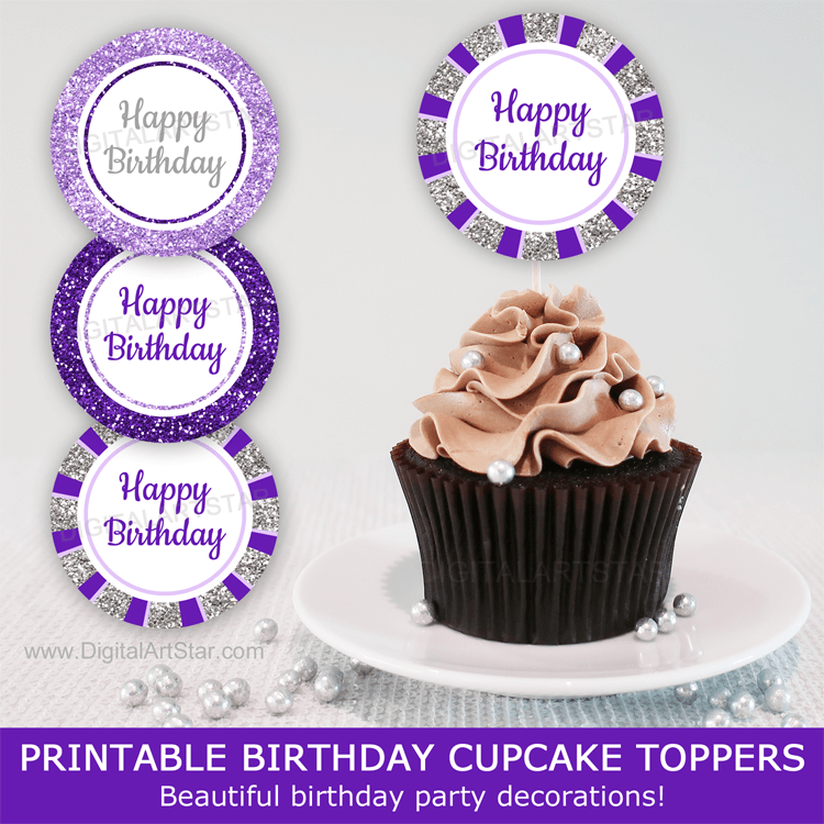 Happy Birthday Cupcake Toppers Printable Birthday Party Decorations Purple Lavender Silver Glitter