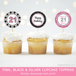 happy birthday cupcake toppers for 21st birthday pink black silver