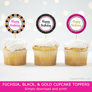 Happy Birthday Cupcake Toppers for Women Fuchsia Gold Black