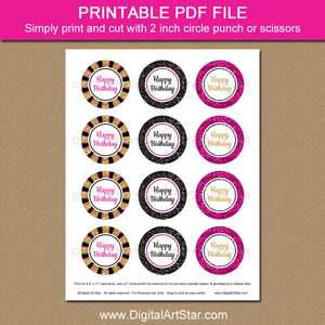 Happy Birthday Cupcake Toppers Printable Download Fuchsia Black Gold Glitter