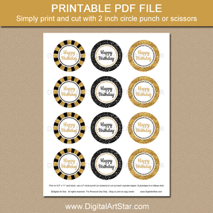 Happy Birthday Cupcake Toppers Printable PDF Download Black Gold White