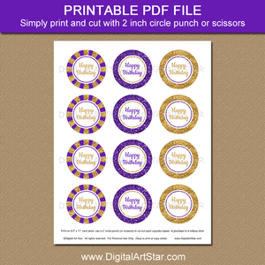 Happy Birthday Cupcake Toppers Printable Purple and Gold Glitter