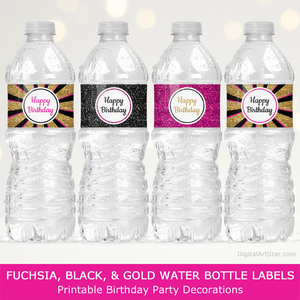 Happy Birthday Party Decorations Water Bottle Labels Fuchsia Gold Black Glitter