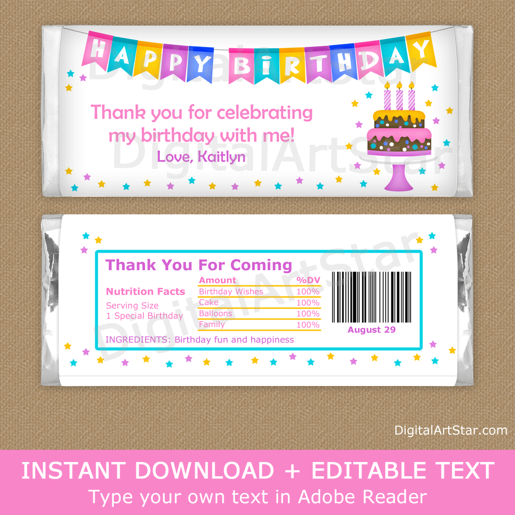 Happy Birthday Printable Candy Bar Wrappers for Girls