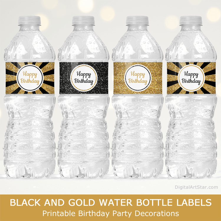 Happy Birthday Water Bottle Labels Black and Gold Glitter Party Decorations