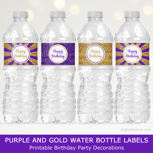 Happy Birthday Water Bottle Labels Printable Party Decorations Purple Gold Glitter