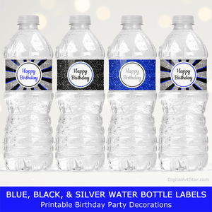 Happy Birthday Water Bottle Labels Royal Blue Black Silver Glitter