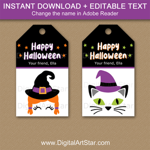 Happy Halloween Gift Tags for Girls with Witch and Cat