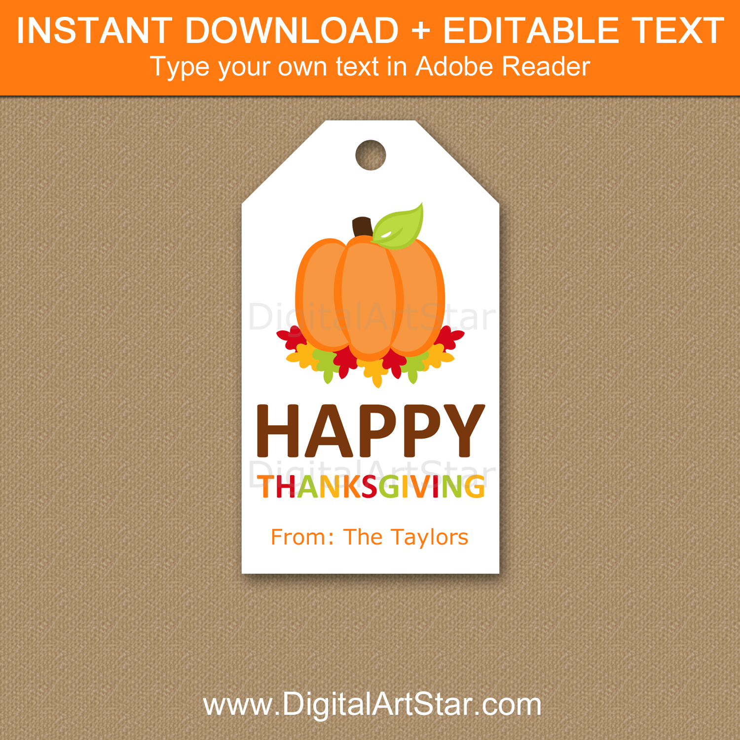 Happy Thanksgiving Printable Tags - Pumpkin and Autumn Leaves