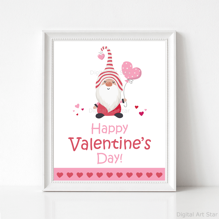Happy Valentines Day Wall Art Printable Whimsical Gnome Balloon