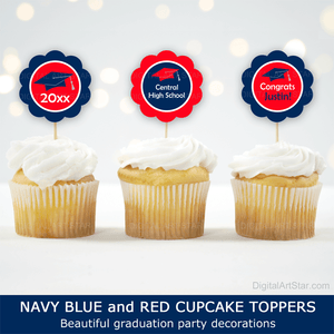 High School Graduation Decorations Navy Blue Red Cupcake Picks