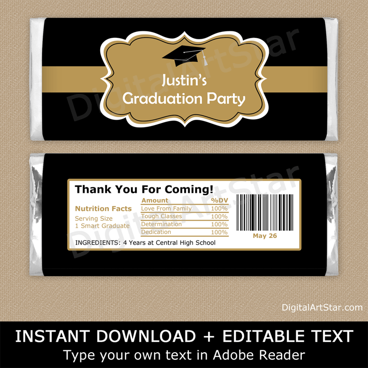 Printable Black and Gold Graduation Candy Bar Wrapper Template
