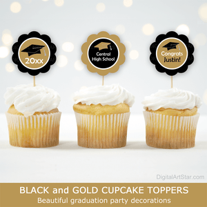 High School Graduation Party Decorations Black Gold Cupcake Toppers