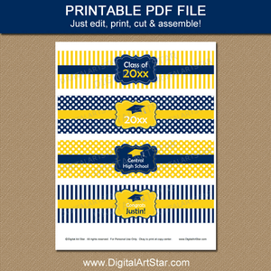 High School Graduation Water Bottle Labels Printable Navy Blue Yellow White