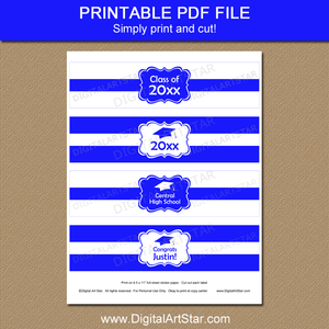 High School Graduation Water Bottle Labels Printable PDF Royal Blue White