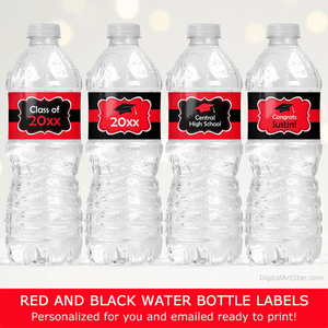 High School Graduation Water Bottle Labels Red and Black Grad Party Decor