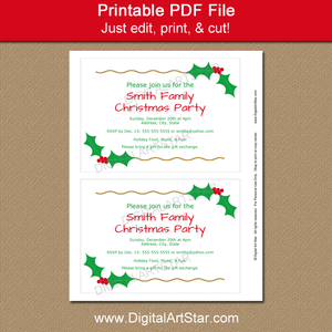 Printable Holly Invitations with Gold Accents