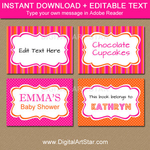Hot Pink and Orange Candy Buffet Labels for Baby Shower, Birthdays, Bridal Shower