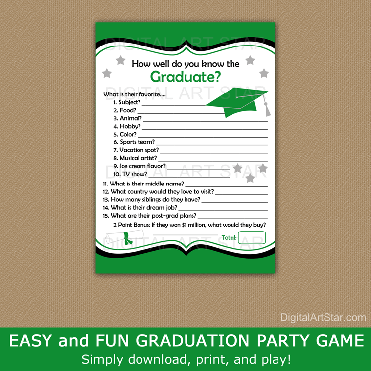How Well Do You Know the Graduate Game Printable Kelly Green Black White