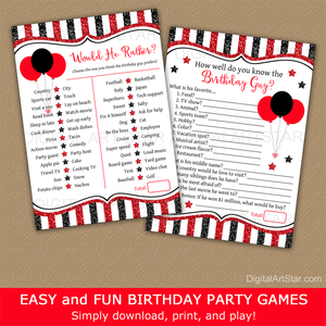 How Well Do You Know & Would He Rather Birthday Games Bundle Red Black White