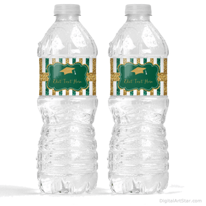 Hunter Green and Gold Glitter Graduation Water Bottle Labels
