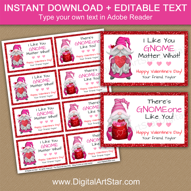 I Like You Gnome Matter What Printable Valentine Cards for School