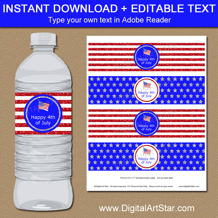 Instant Download 4th of July Water Bottle Decorations