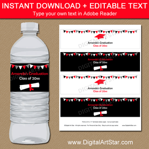 Instant Download Black White Red Graduation Water Bottle Labels