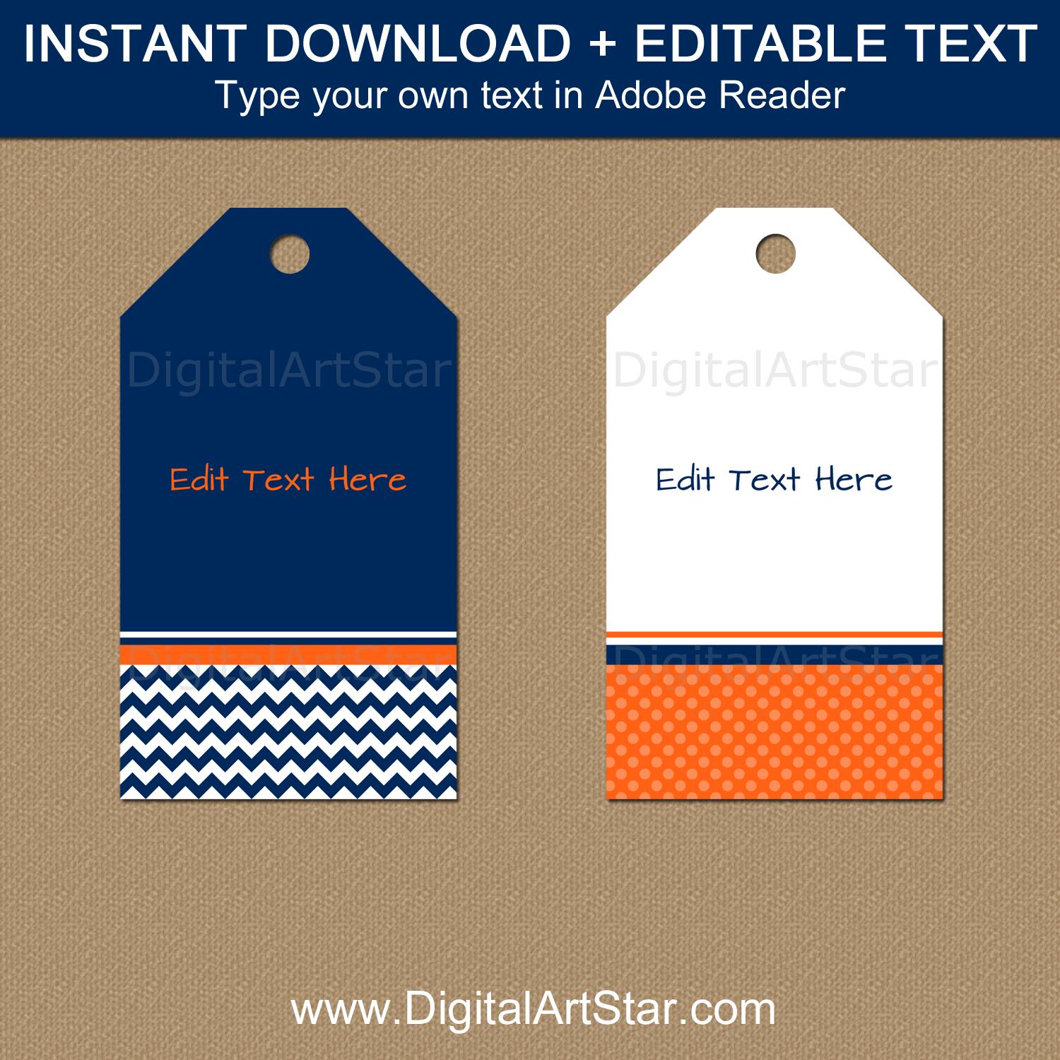 Instant Download Favor Tag Template Orange Navy White