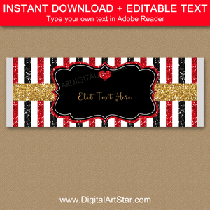 Glitter Heart Candy Bar Wrapper Template in Red Black Gold for Wedding Candy Wrappers