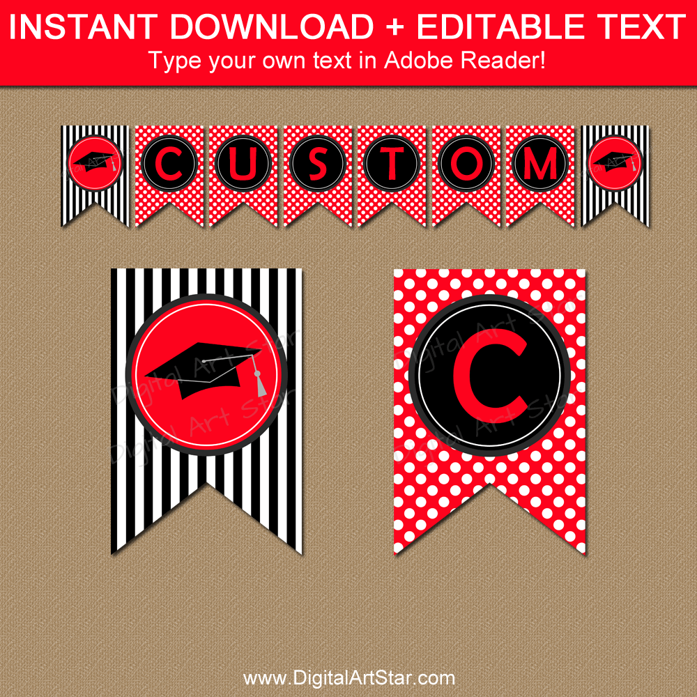 Instant Download Red and Black Polka Dot Banner for Graduation Day Party Decorations