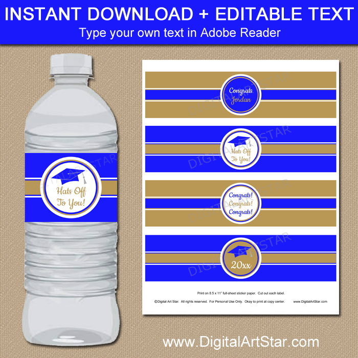 Instant Downloadable Graduation Water Bottle Labels Stickers Royal Blue and Gold