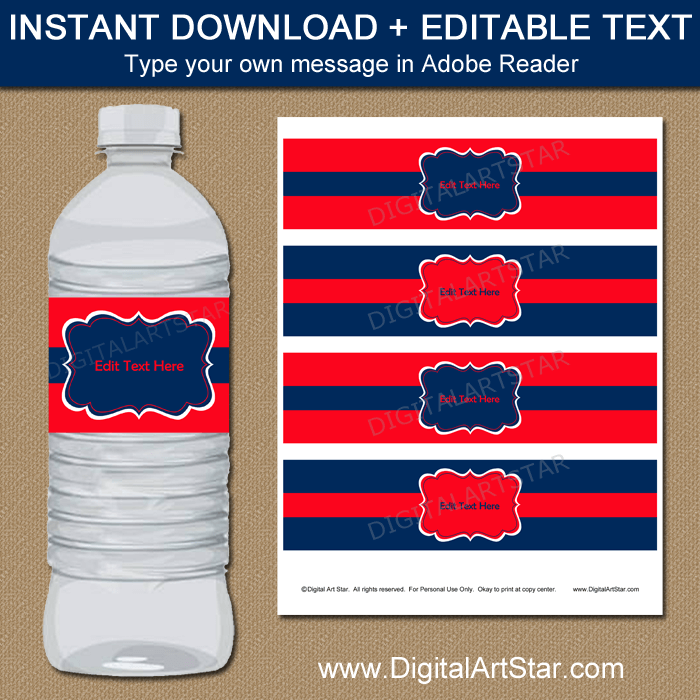 Editable Birthday Water Bottle Labels in Red and Navy Blue