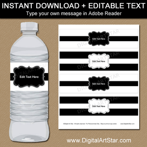 Black and White Water Bottle Label Template with Editable Text