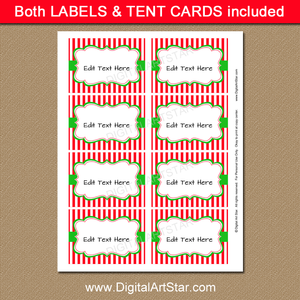 red and white striped Christmas party labels