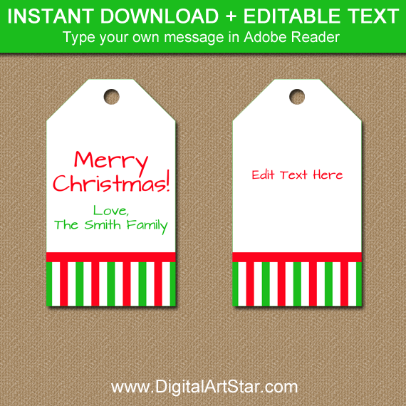white Christmas tags with red and green stripes