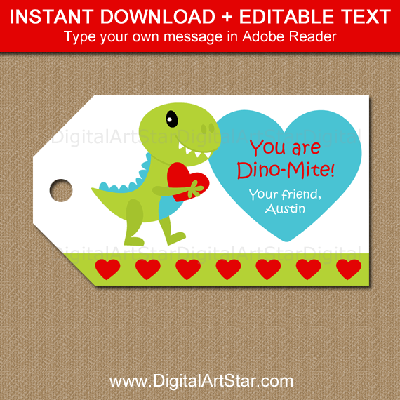 Instant Downloadable Dinosaur Valentine Tag Template